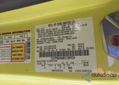 2021 Ford Mustang Ecoboost Premium z USA, uszkodzony, nr VIN 1FATP8UH6M5100934